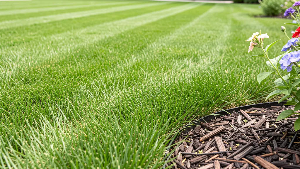 Close-up of healthy lawn grass and a mulched flower bed