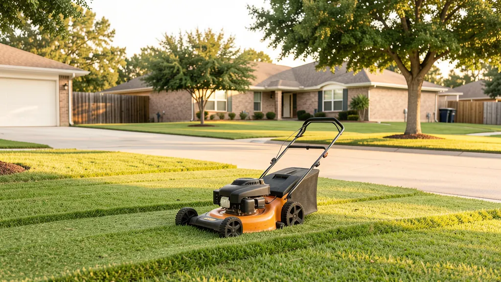 Lawn mower on a freshly cut residential lawn